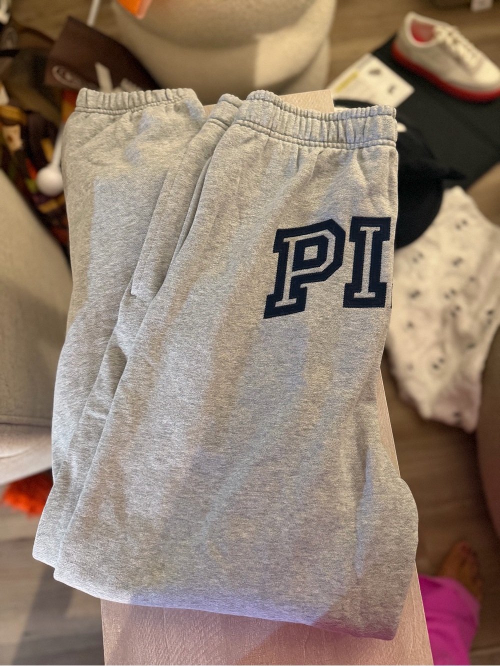 PINK Victoria's Secret Light Gray  Sweatpants with Navy Logo on the butt